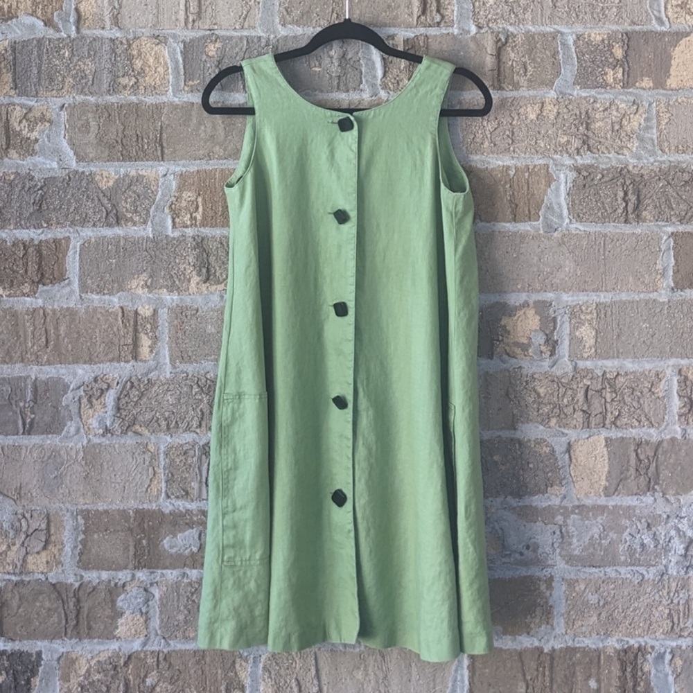 Vintage 100% Linen A-Line Lagenlook Dress Green Size 6 Andrea Jovine